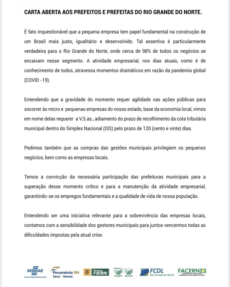 Em carta aberta aos prefeitos, federações empresariais defendem medidas em apoio as MPE