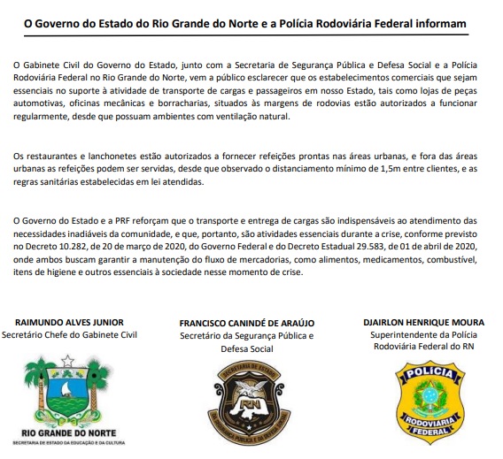 Restaurantes e comércios essenciais estão autorizados a funcionar nas margens das rodovias no RN