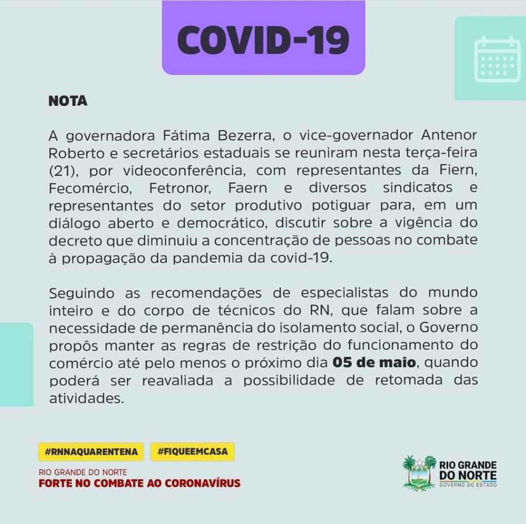 Governo do RN publica nota sobre prorrogação de isolamento social até 5 de maio