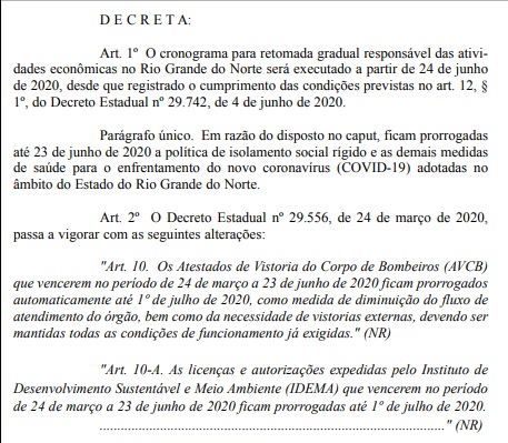 Governo publica decreto que prorroga início da retomada gradual no RN para o dia 24