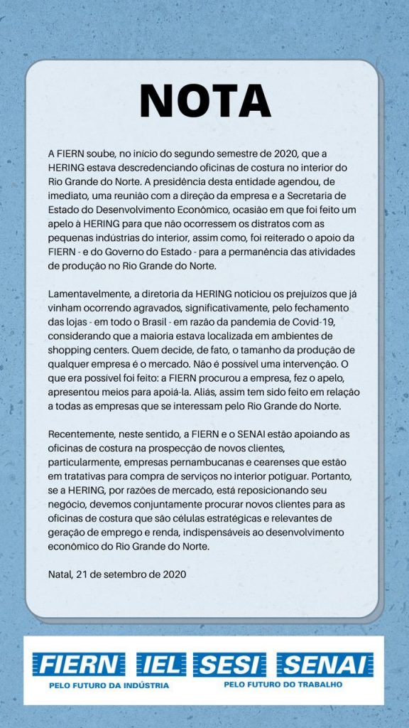Nota da FIERN sobre a HERING